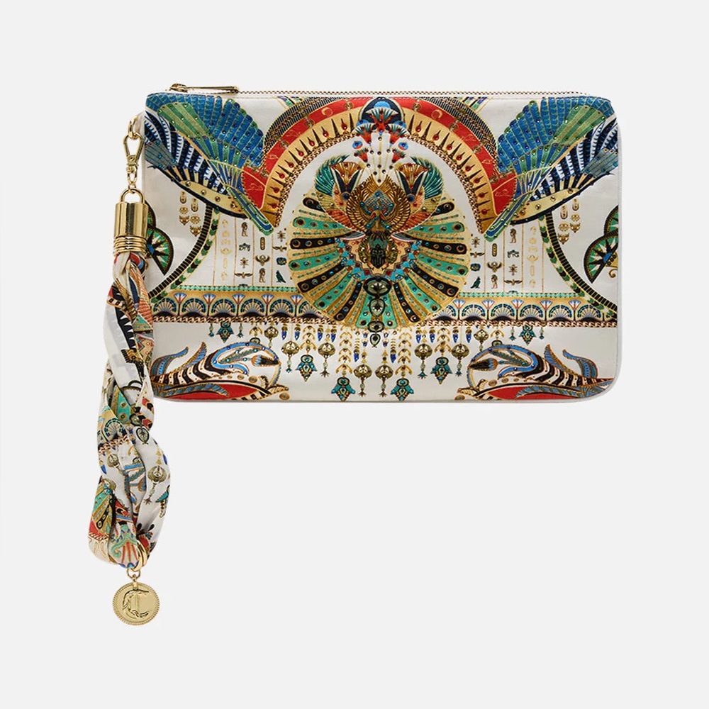 Camilla “Valley of the Queens” silk Egyptian motif scarf clutch wristlet bag sac